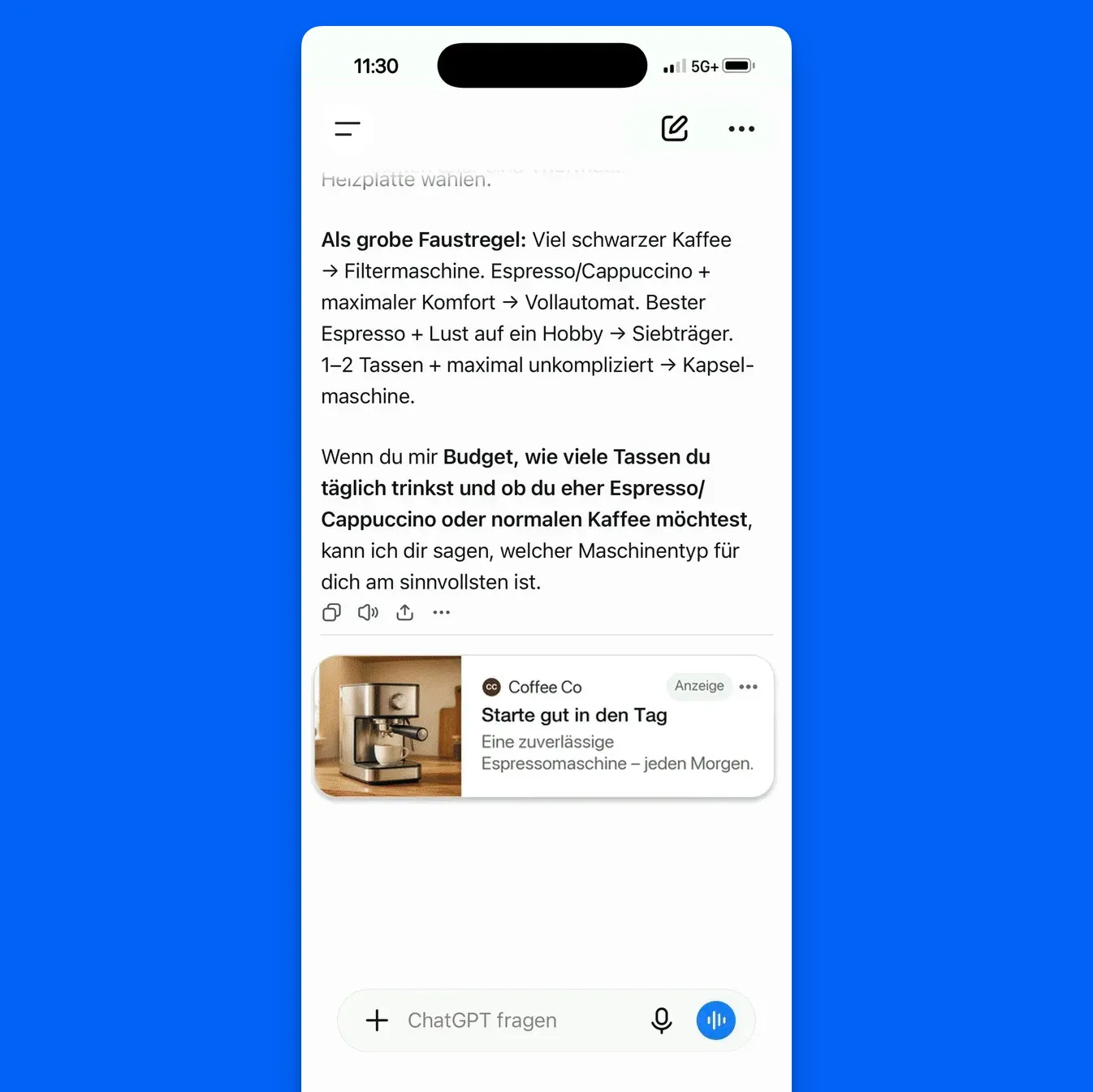 A ChatGPT answer to a buying question, with a clearly labeled sponsored ad card set off below it