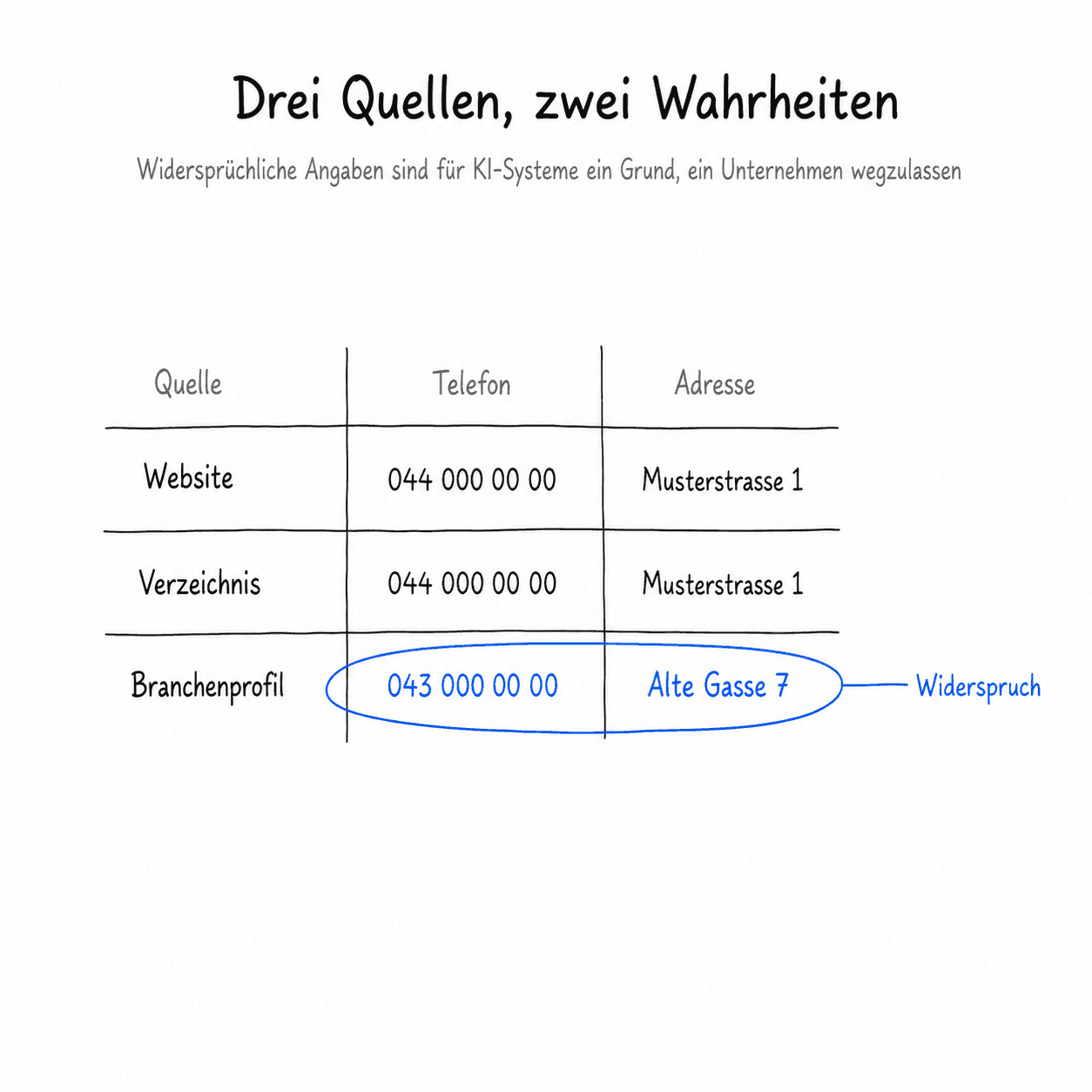 Widersprüchliche Angaben zwischen Website, Google-Profil und Verzeichnis sind für KI-Systeme ein Grund, ein Unternehmen wegzulassen oder Falsches zu übernehmen.