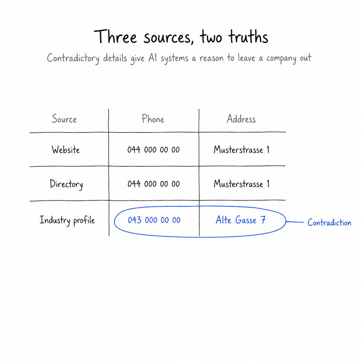 Contradictory information between your website, Google profile, and directory listings is a reason for AI systems to omit a company or adopt incorrect details.